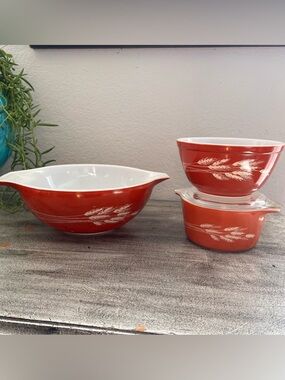 Pyrex Autumn Harvest Rust Mixing Bowls 444, 473, 402 Vintage Nesting Bowl Wheat
